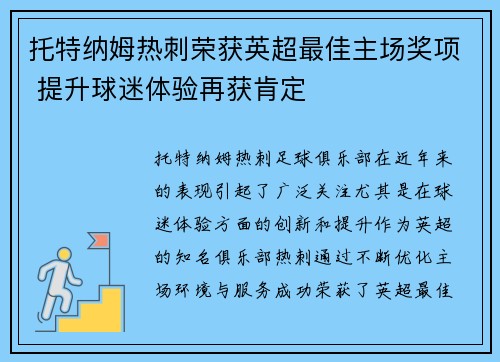 托特纳姆热刺荣获英超最佳主场奖项 提升球迷体验再获肯定